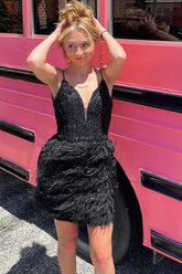 Black Homecoming Dress Sequin Tight Prom Dress with Feathers